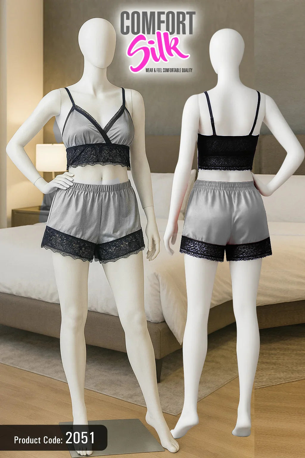 Luxury Net Lace Top & Shorts Nightwear Set – Premium Comfort Sleepwear for Women.