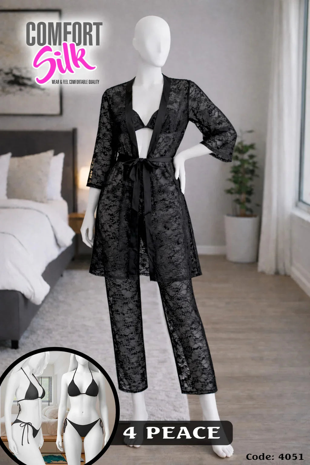 Luxury Net Nightwear Set with Gown, Trouser & Bikini – 4 Piece Women Sleep & Lounge Wear.