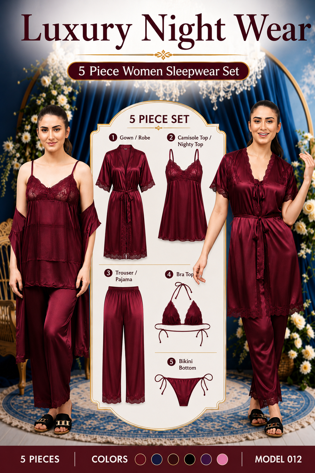 Luxury Satin Nighty Set – 5 Piece Elegant Lace Sleepwear
