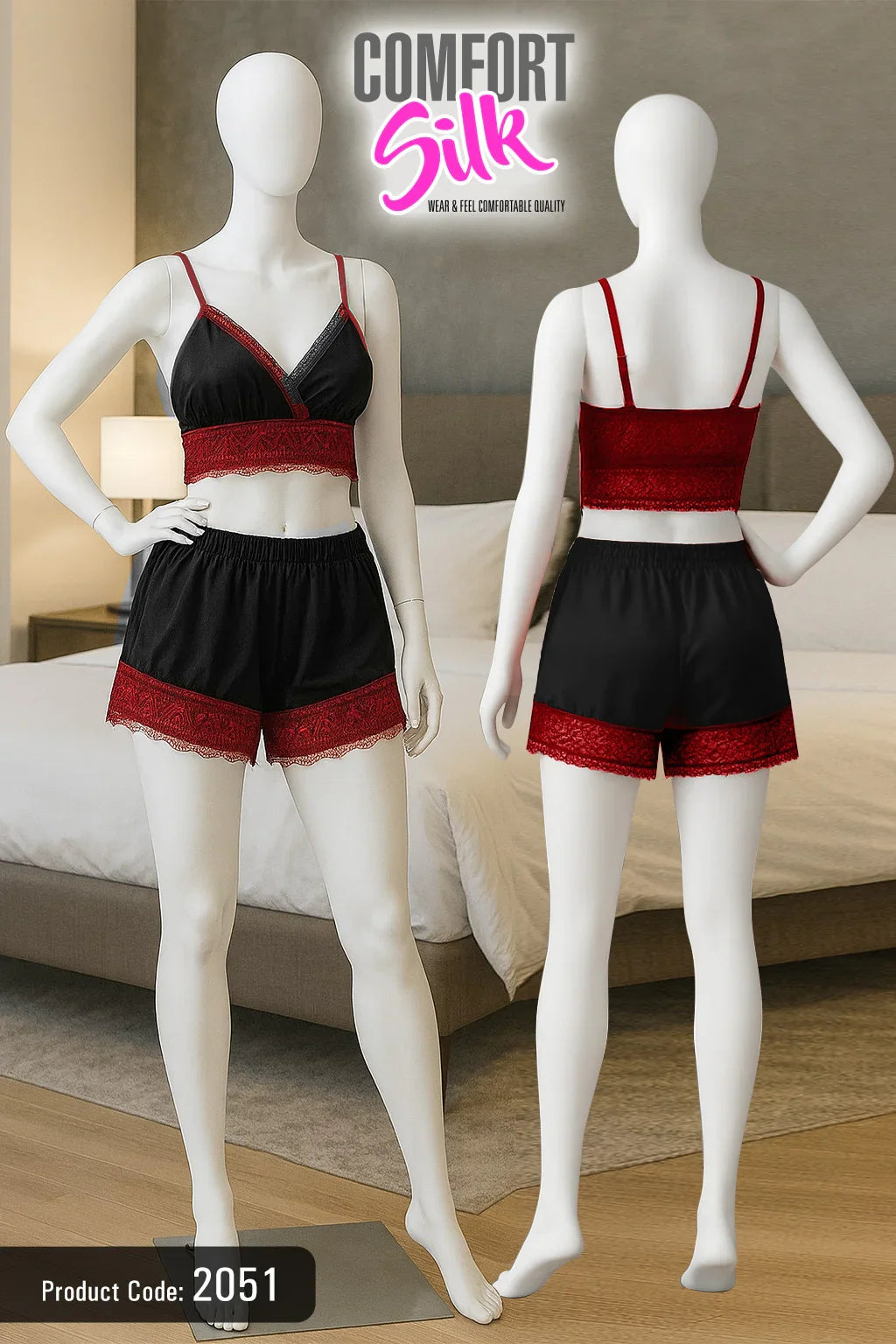 Luxury Net Lace Top & Shorts Nightwear Set – Premium Comfort Sleepwear for Women.