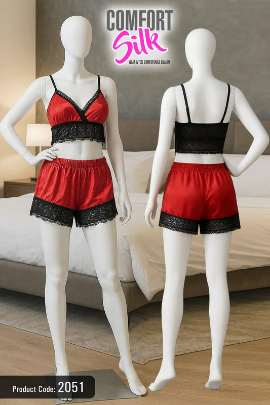 Luxury Net Lace Top & Shorts Nightwear Set – Premium Comfort Sleepwear for Women.