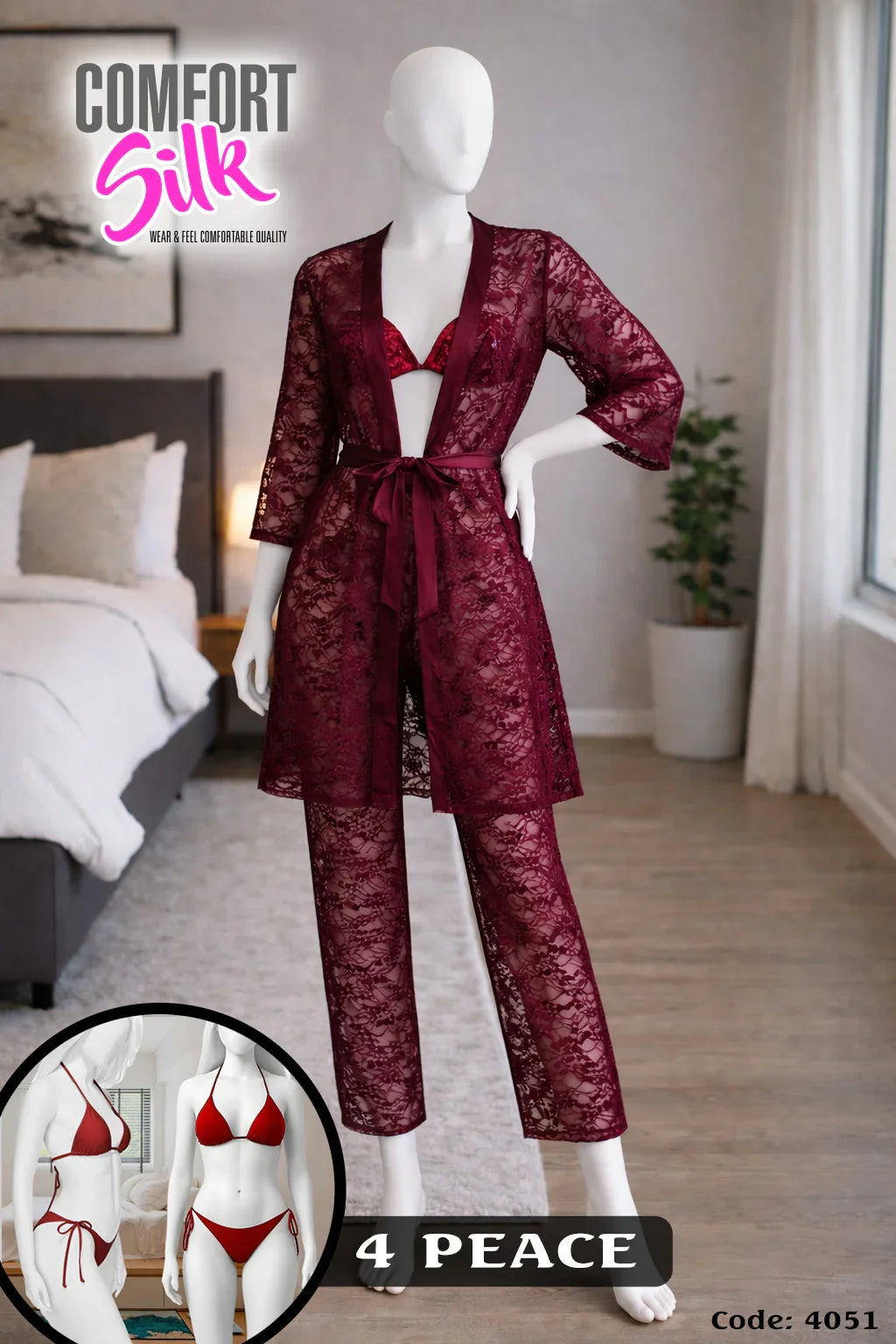 Luxury Net Nightwear Set with Gown, Trouser & Bikini – 4 Piece Women Sleep & Lounge Wear.