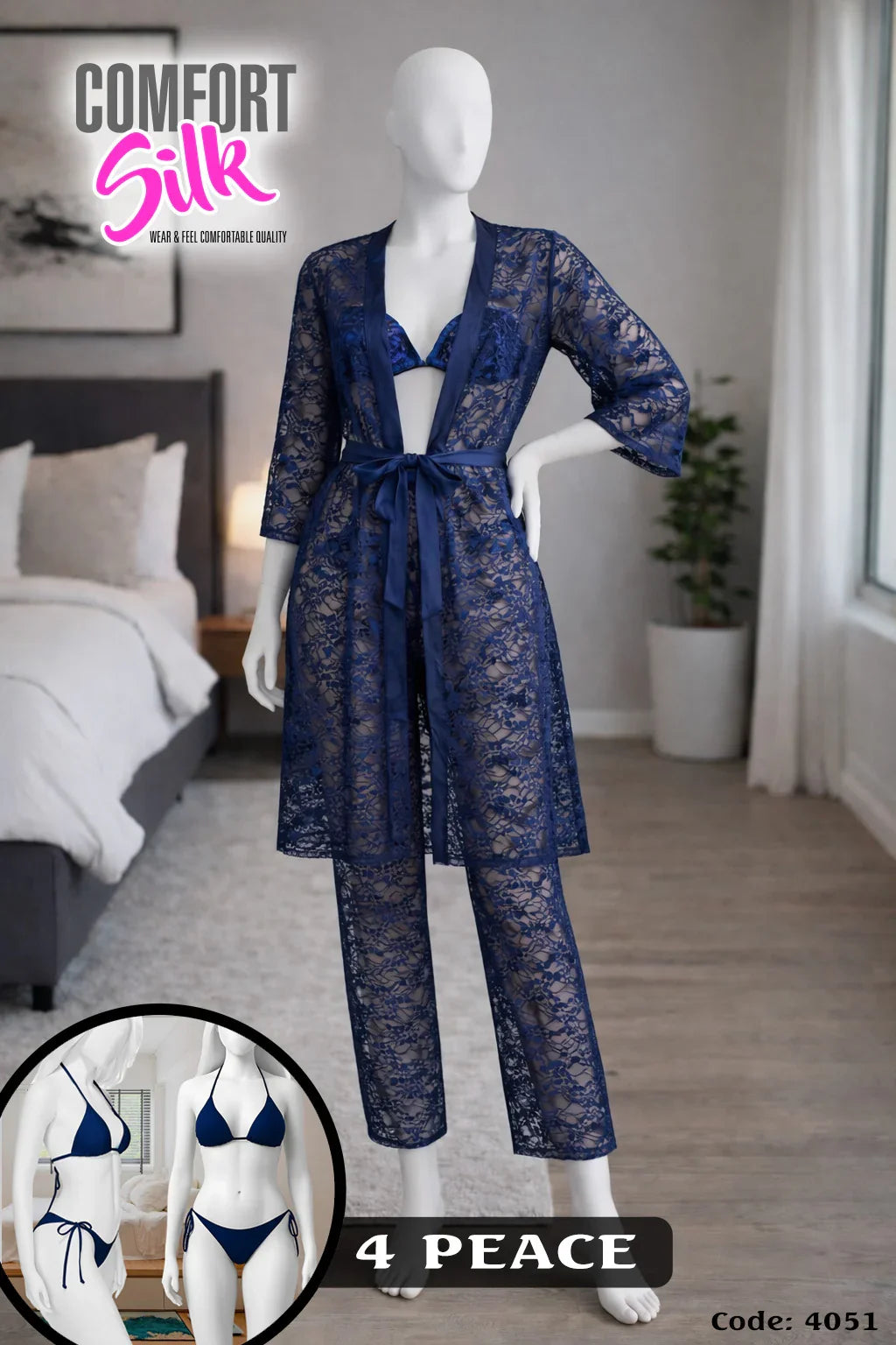 Luxury Net Nightwear Set with Gown, Trouser & Bikini – 4 Piece Women Sleep & Lounge Wear.