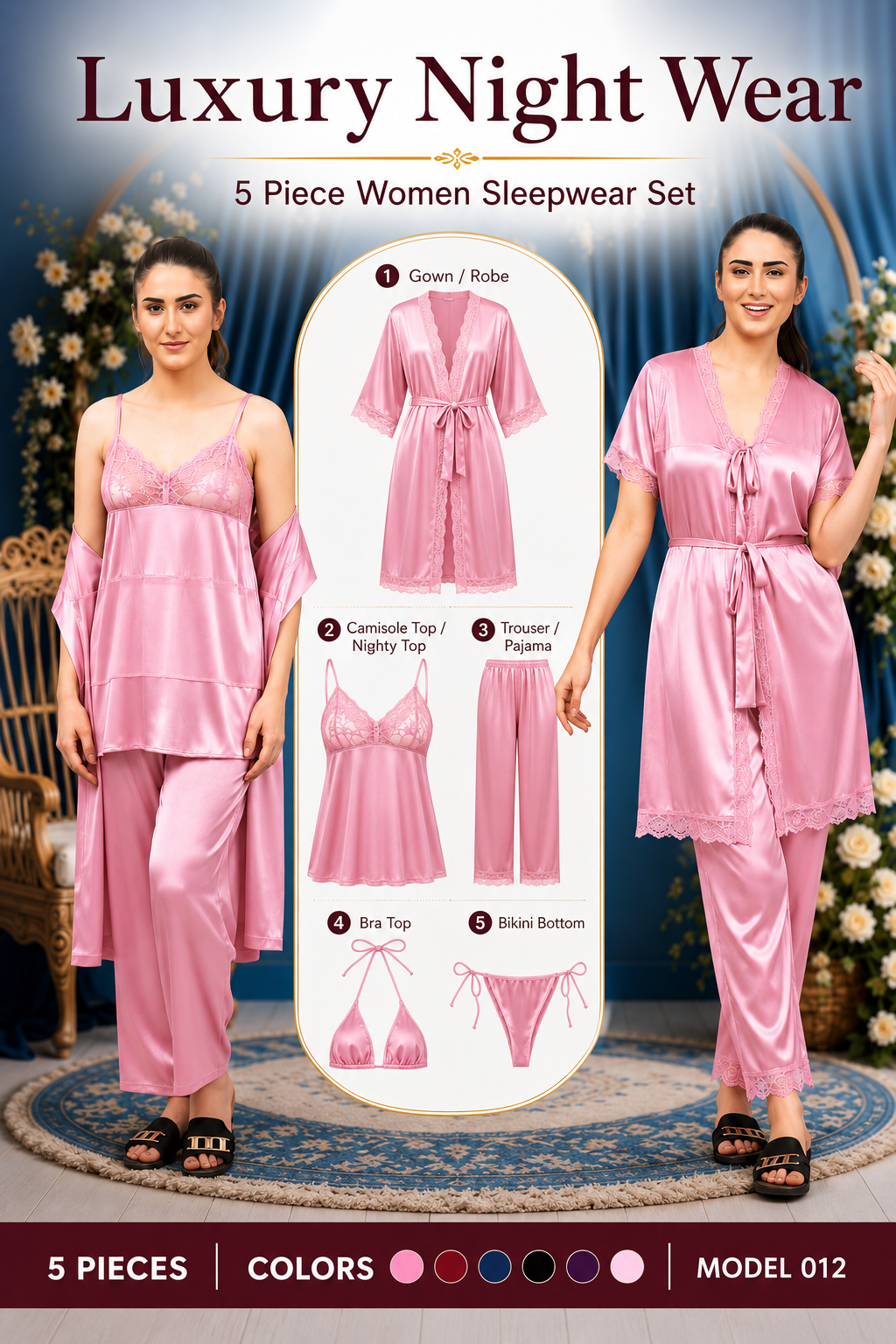 Luxury Satin Nighty Set – 5 Piece Elegant Lace Sleepwear