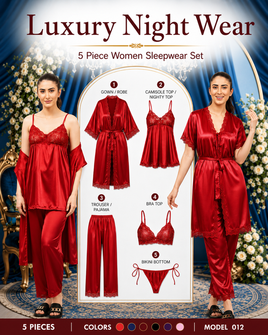 Luxury Satin Nighty Set – 5 Piece Elegant Lace Sleepwear