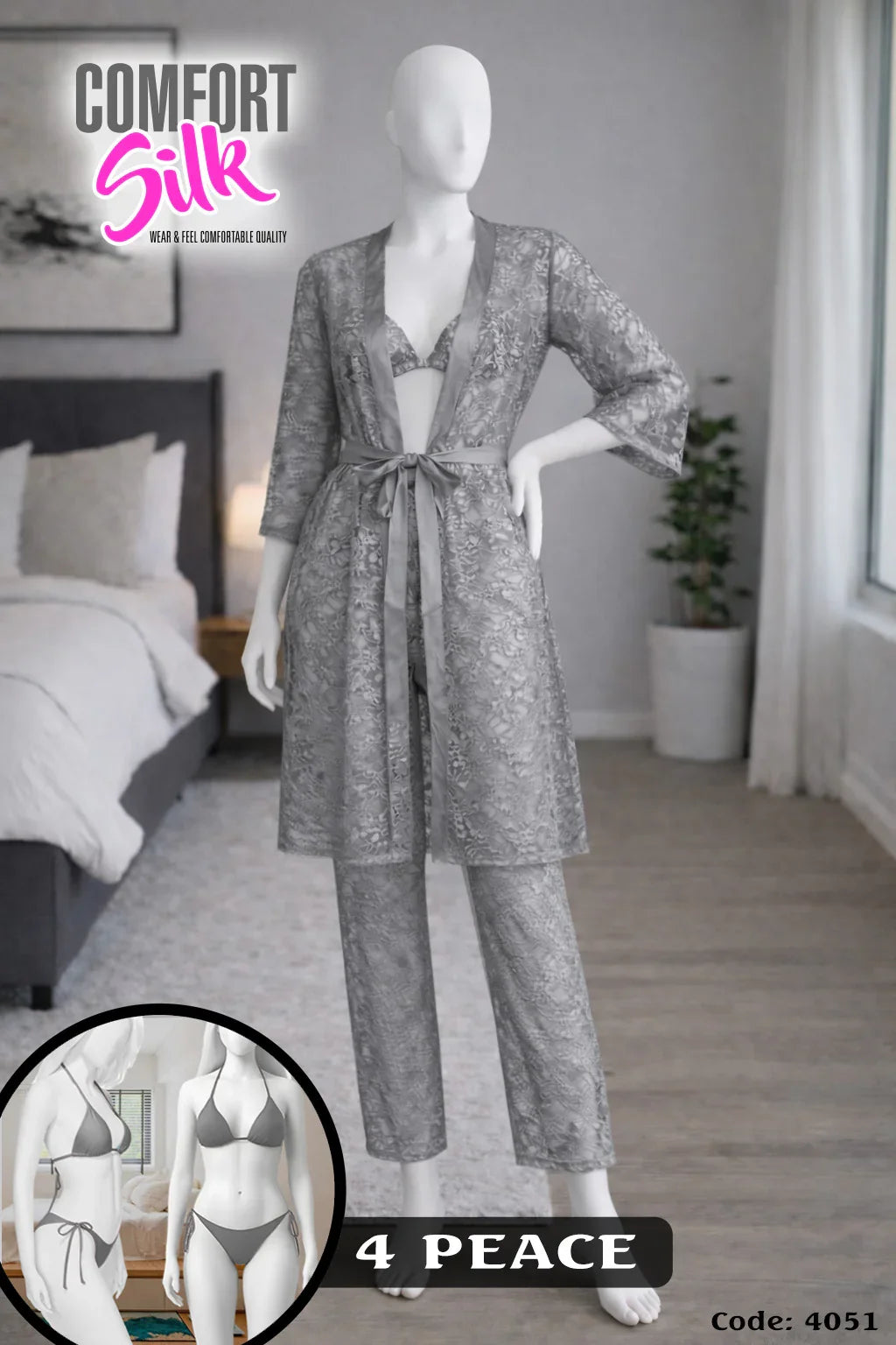 Luxury Net Nightwear Set with Gown, Trouser & Bikini – 4 Piece Women Sleep & Lounge Wear.