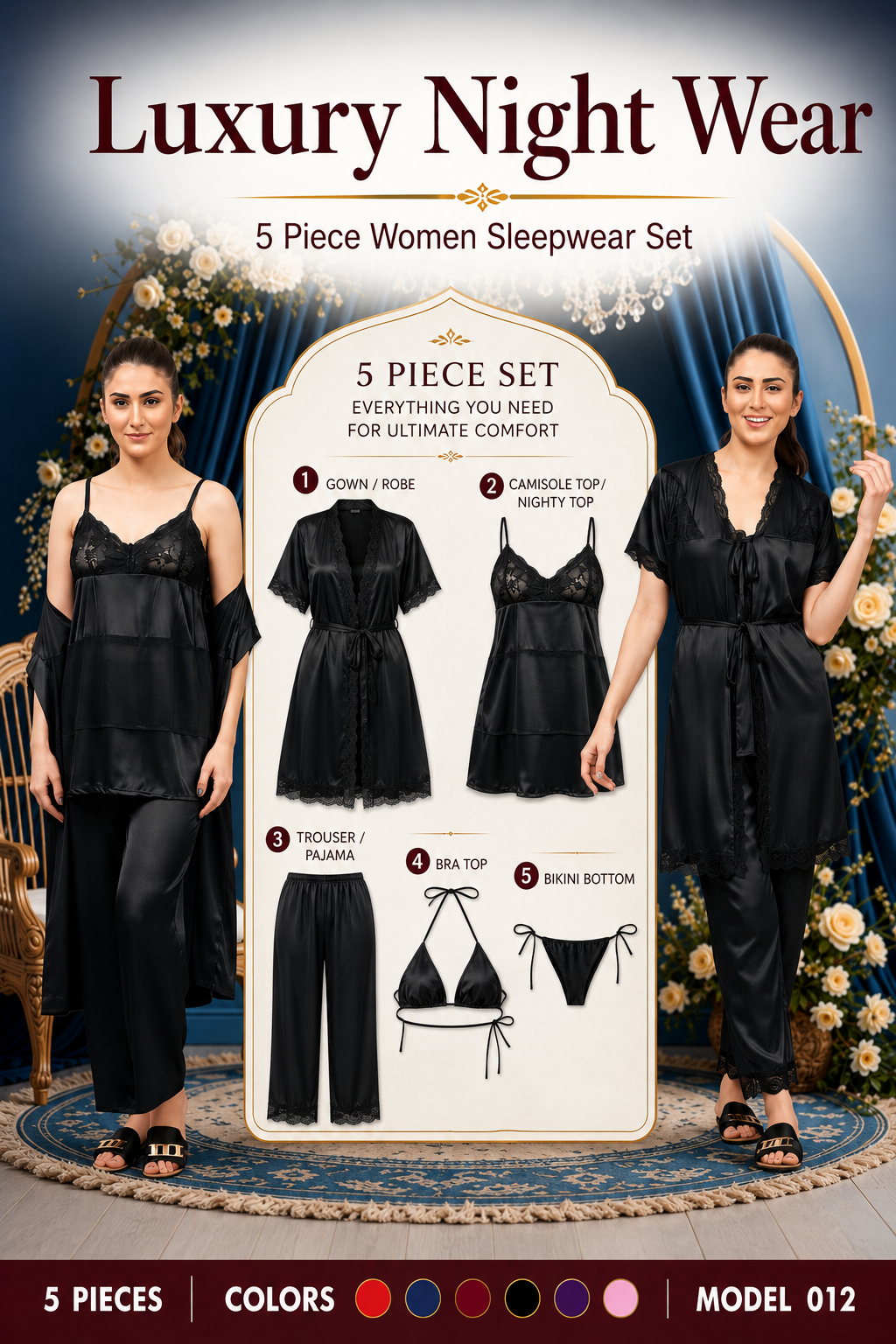 Luxury Satin Nighty Set – 5 Piece Elegant Lace Sleepwear